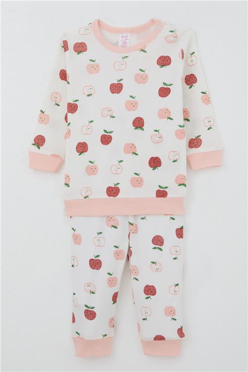 Breeze Kız Bebek Pijama Takımı Omuzdan Patlı Sevimli Minik Elma Desenli Ekru (4 Ay-1 Yaş)