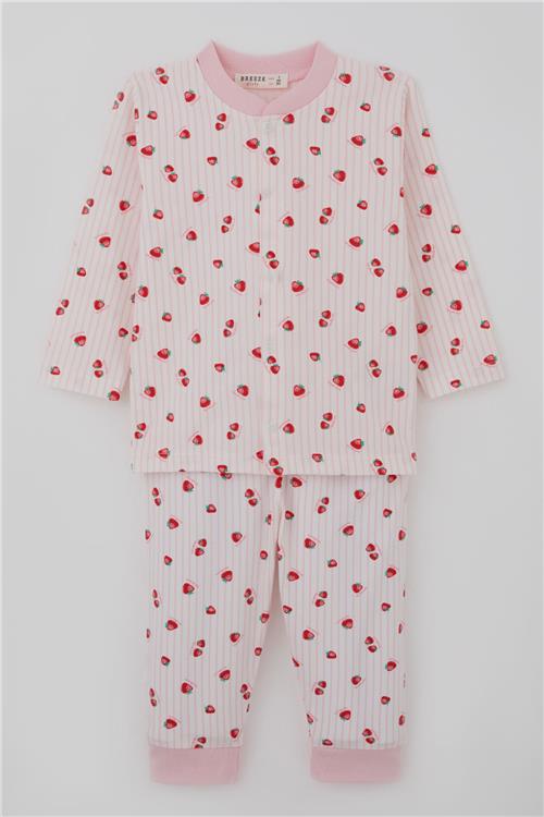 Breeze Kız Bebek Pijama Takımı Önden Çıtçıtlı Çilek Desenli Ekru (4 Ay-1 Yaş)