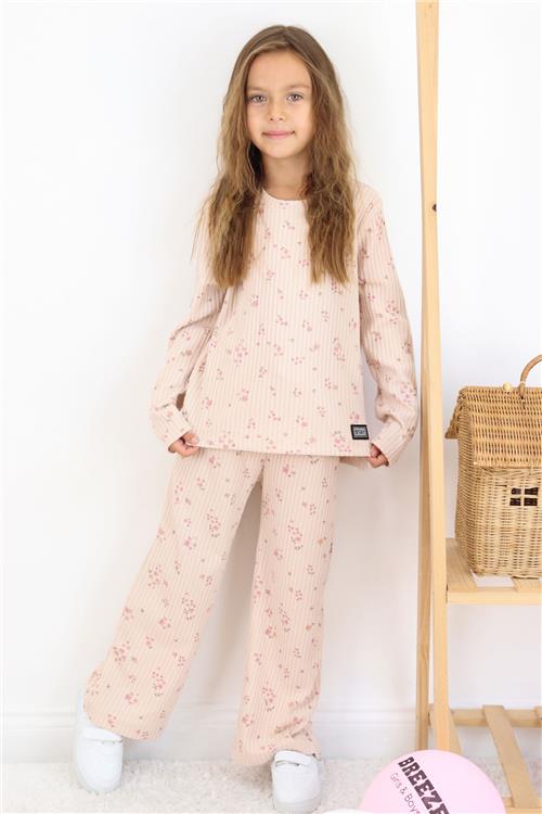Breeze Kız Çocuk Çiçek Desenli Takım Pantolonu Fiyonk Aksesuarlı Pudra (4-8 Yaş)