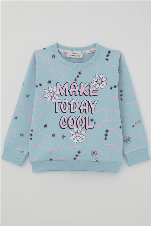Breeze Kız Çocuk Cool Sweatshirt Çiçek Desenli Kalpli Açık Mavi (3-8 Yaş)