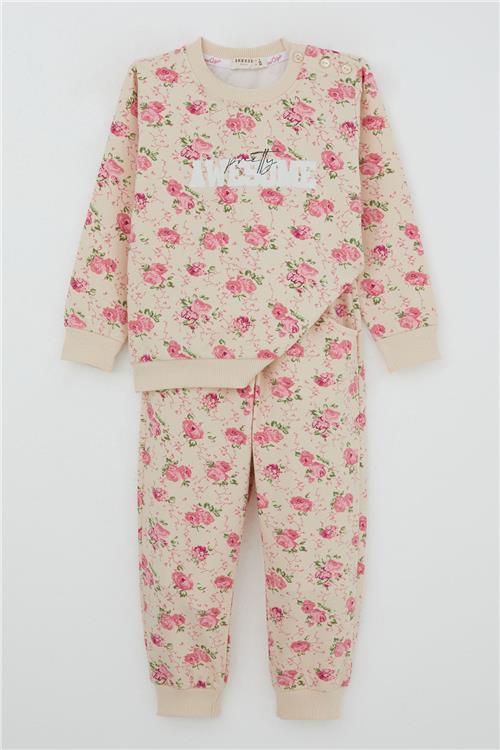 Breeze Kız Çocuk Eşofman Takım Çiçek Desenli Bej (1.5-5 Yaş)
