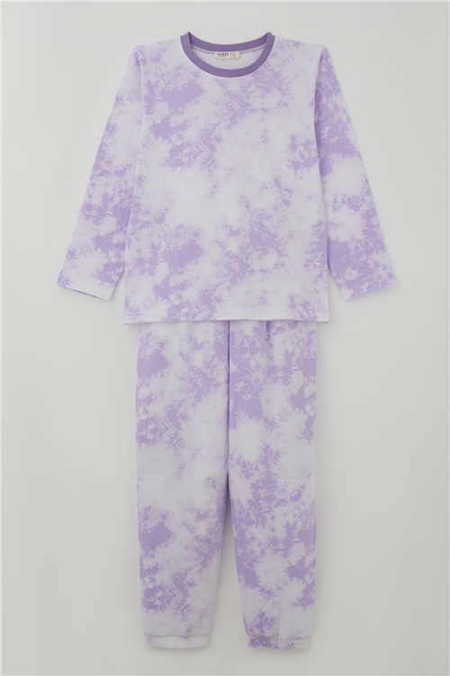 Breeze Kız Çocuk Pijama Takımı Batik Desenli Beli Paçası Lastikli Lila (4-8 Yaş)