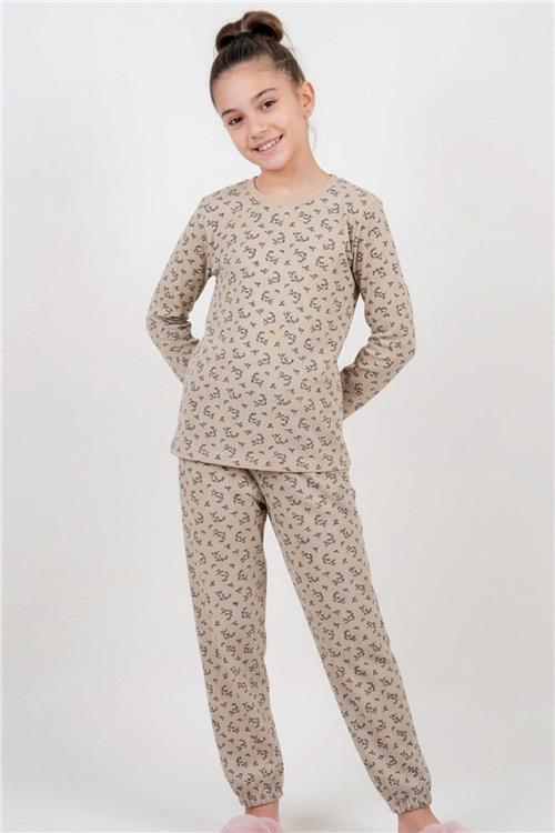 Breeze Kız Çocuk Pijama Takımı Çiçek Desenli Beli Paçası Lastikli Bej (9-12 Yaş)
