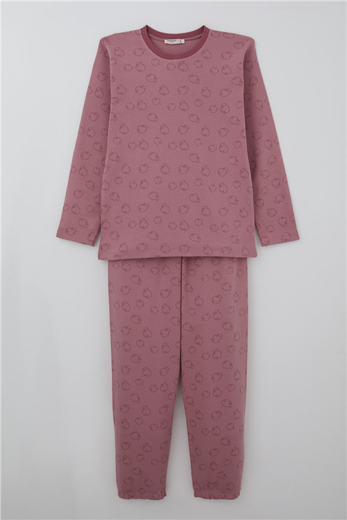 Breeze Kız Çocuk Pijama Takımı Elma Desenli Beli Paçası Lastikli Gülkurusu (9-12 Yaş)