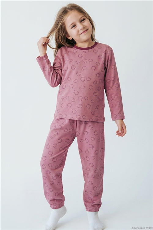 Breeze Kız Çocuk Pijama Takımı Elma Desenli Beli Paçası Lastikli Gülkurusu (4-8 Yaş)