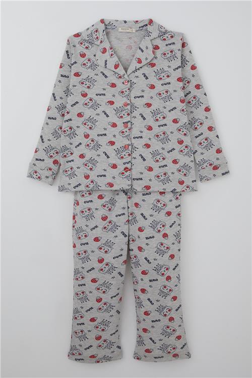 Breeze Kız Çocuk Pijama Takımı Kraliçe Kedicik & Çilek Desenli Açık Gri Melanj (7-11 Yaş)