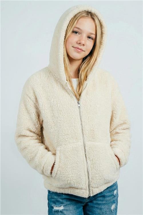 Breeze Kız Çocuk Polar Hırka Kapüşonlu Fermuarlı Cepli Krem (8-14 Yaş)