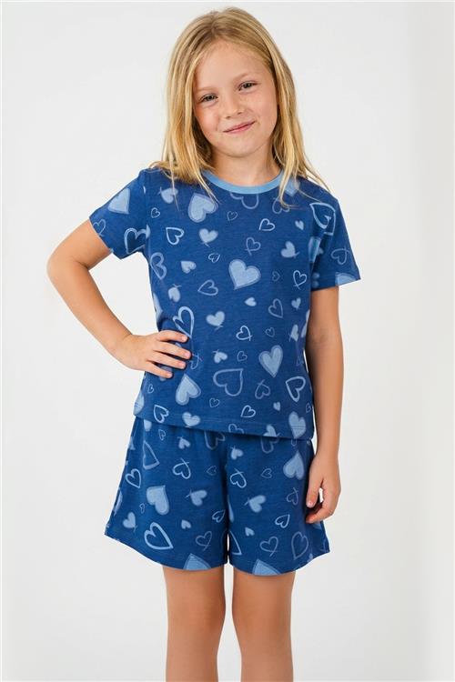 Breeze Kız Çocuk Şortlu Pijama Takımı Kalp Desenli İndigo (4-8 Yaş)