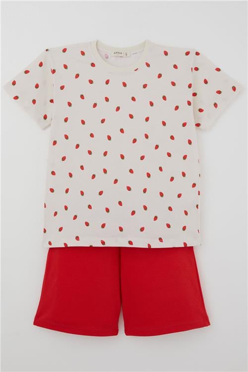 Breeze Kız Çocuk Şortlu Pijama Takımı Çilek Desenli Krem (4-8 Yaş)
