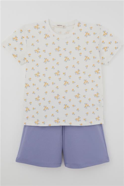 Breeze Kız Çocuk Şortlu Pijama Takımı Çiçek Desenli Beyaz (4-8 Yaş)