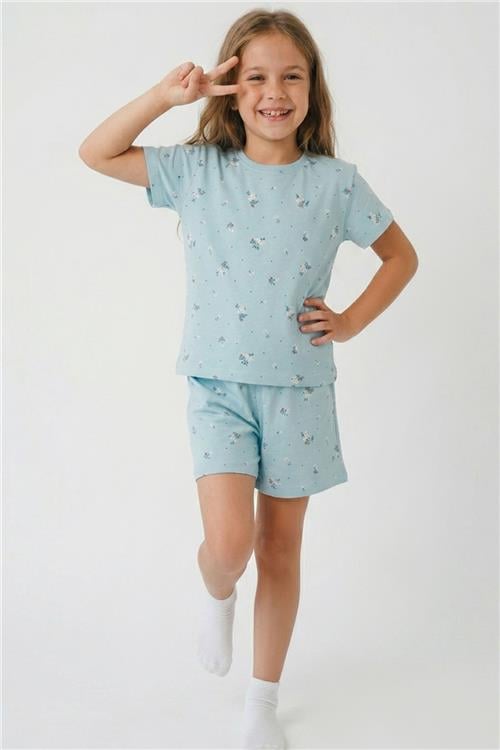 Breeze Kız Çocuk Şortlu Pijama Takımı Çiçek Desenli Açık Mavi (4-8 Yaş)