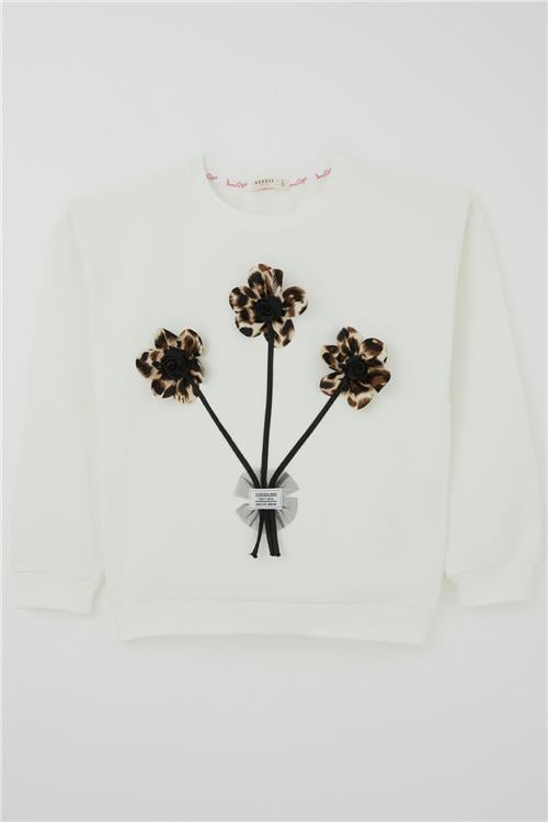 Breeze Kız Çocuk Sweatshirt Çiçek Buketi Yazı Armalı Tüllü Ekru (9-14 Yaş)