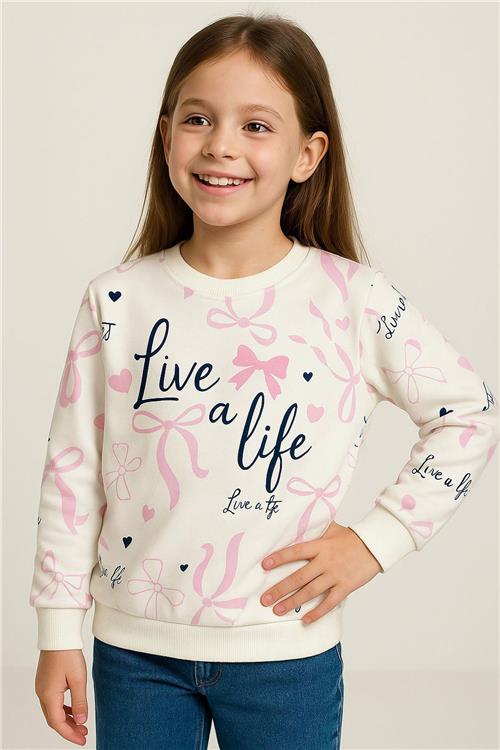 Breeze Kız Çocuk Sweatshirt Fiyonk & Kalp Baskılı Ekru (3-8 Yaş)