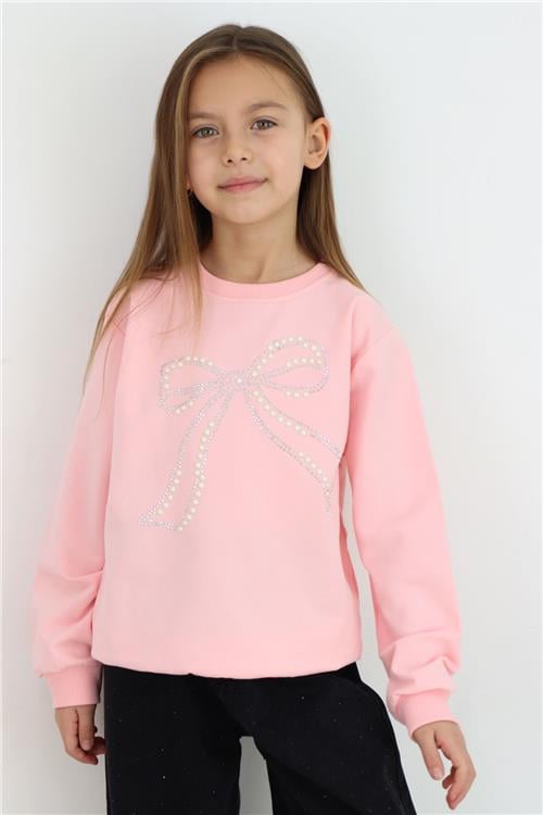 Breeze Kız Çocuk Sweatshirt İnci Taş İşlemeli Pembe (7-12 Yaş)