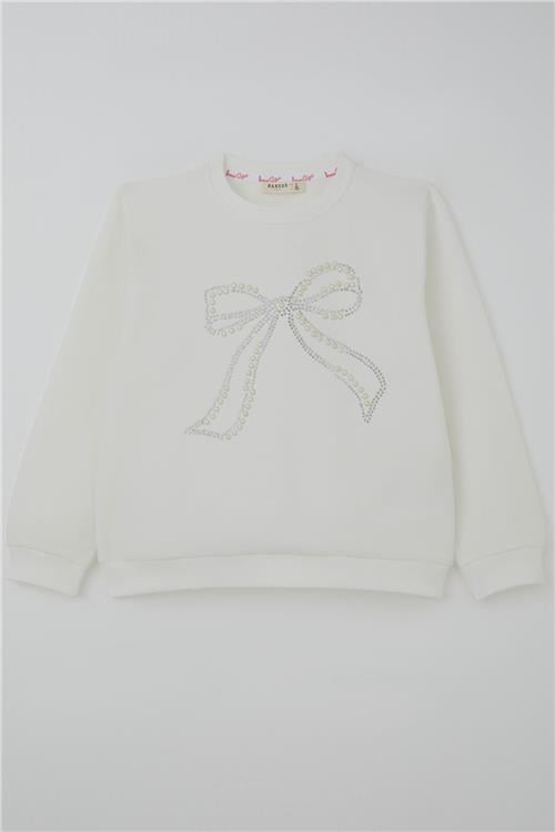Breeze Kız Çocuk Sweatshirt İnci Taş İşlemeli Ekru (7-12 Yaş)