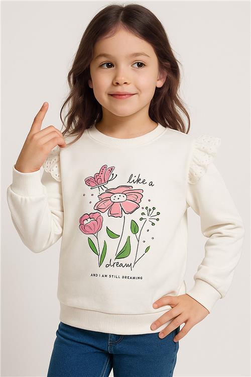Breeze Kız Çocuk Sweatshirt Omuzları Çiçek Nakış Detaylı Çiçek Baskılı Ekru (2-6 Yaş)