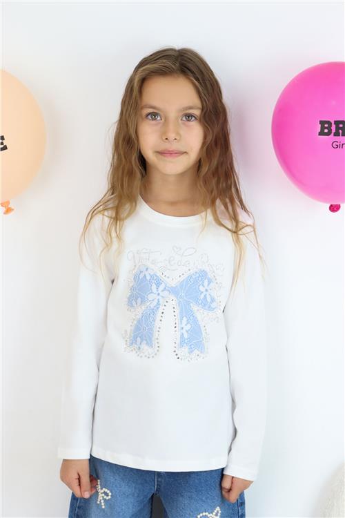 Breeze Kız Çocuk Uzun Kollu Tişört Fiyonk Baskılı Taş Aksesuar Detaylı Beyaz (8-12 Yaş)