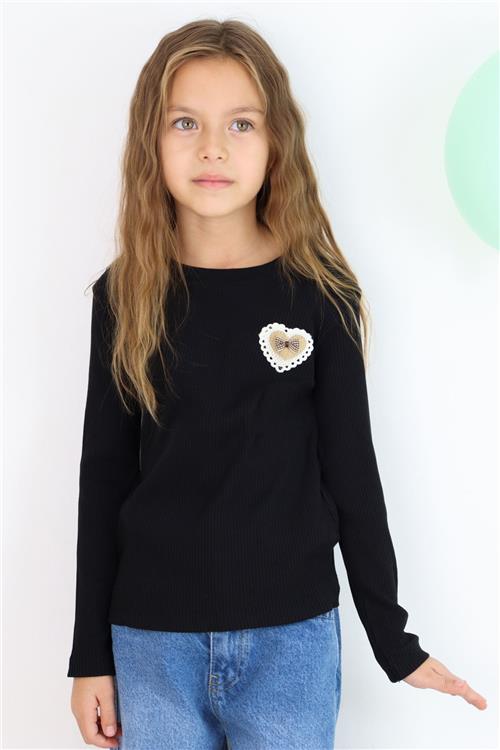 Breeze Kız Çocuk Uzun Kollu Tişört Kalp Armalı Fiyonklu Siyah (5-10 Yaş)