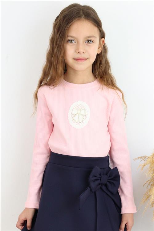 Breeze Kız Çocuk Uzun Kollu Tişört Vintage Dantel Fiyonk Aplikeli Pembe (5-9 Yaş)