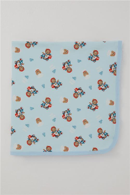 Breeze Yenidoğan Bebek Battaniyesi Pizza Kuryecisi Sevimli Ayıcık Desenli Bebe Mavisi (77 x 87 cm)