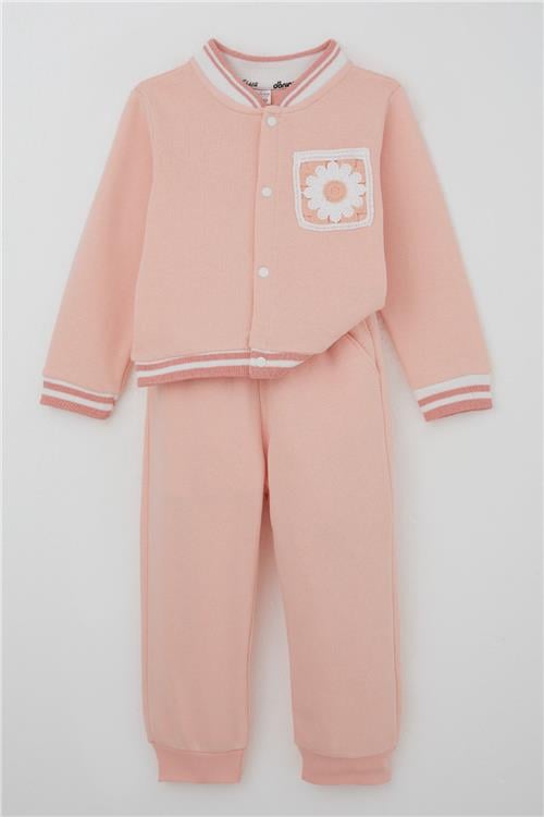 Donino Kız Çocuk Eşofman Takımı Çiçekli Örgü Cep Detaylı Çıtçıtlı Somon (2-5 Yaş)