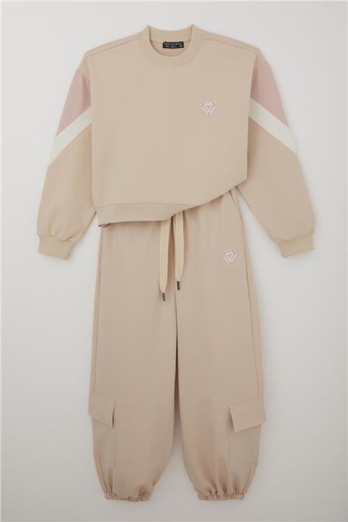 Locoloco Kız Çocuk Eşofman Takımı Armalı Kargo Cepli Beli Paçası Lastikli Krem (9-14 Yaş)