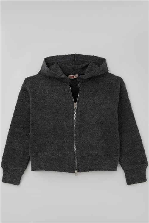 Orko Kız Çocuk Peluş Crop Hırka Kapüşonlu Fermuarlı Füme Melanj (10-16 Yaş)