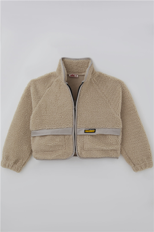 Orko Kız Çocuk Peluş Crop Hırka Kontrast Şerit & Dekoratif Yazı Arma Detaylı Fermuarlı Bej (10-16 Yaş)