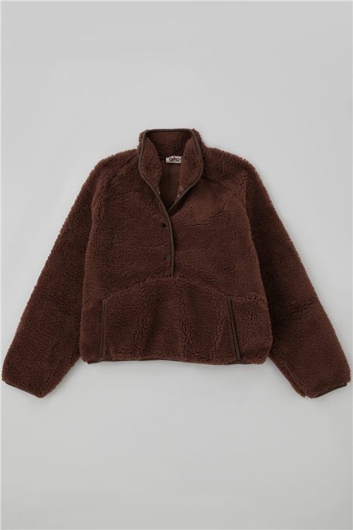 Orko Kız Çocuk Peluş Sweatshirt Önü Yarım Çıtçıt Pat Kanguru Cepli Kahverengi (10-16 Yaş)