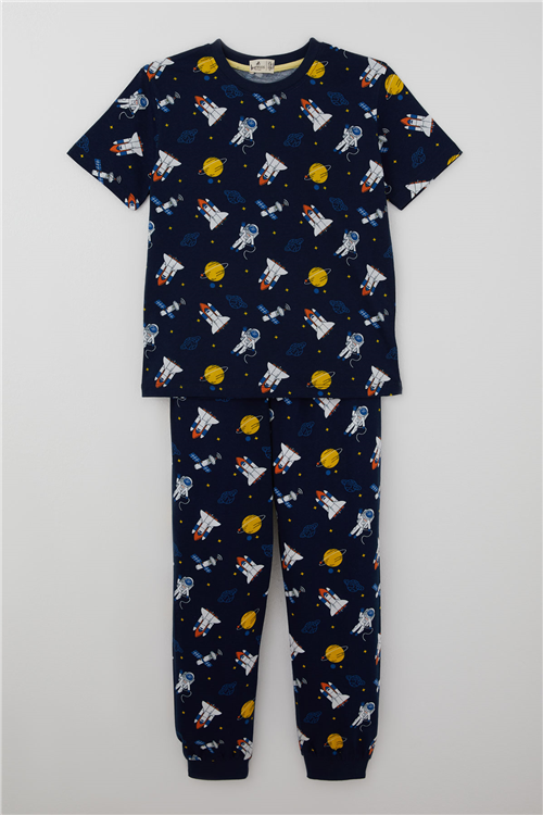 Paty Kıds Erkek Çocuk Pijama Takımı Kısa Kollu Uzay Temalı Astronot Desenli Lacivert (8-12 Yaş)