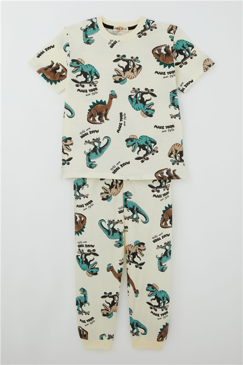 Paty Kıds Erkek Çocuk Pijama Takımı Kısa Kollu Motivasyon Temalı Kaykaycı Dinozor Desenli Krem (8-12 Yaş)