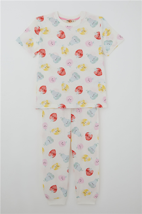 Paty Kıds Kız Çocuk Pijama Takımı Kısa Kollu Neşeli Meyveler Beyaz (8-12 Yaş)