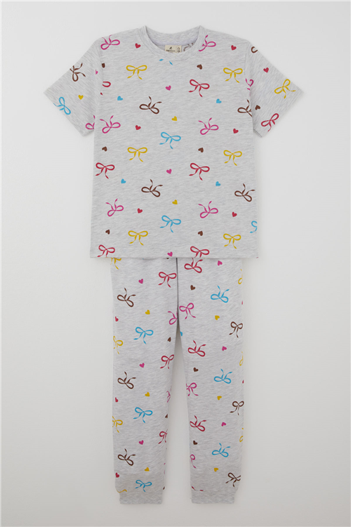Paty Kıds Kız Çocuk Pijama Takımı Kısa Kollu Renkli Fiyonklu & Kalp Desenli Açık Gri Melanj (8-12 Yaş)