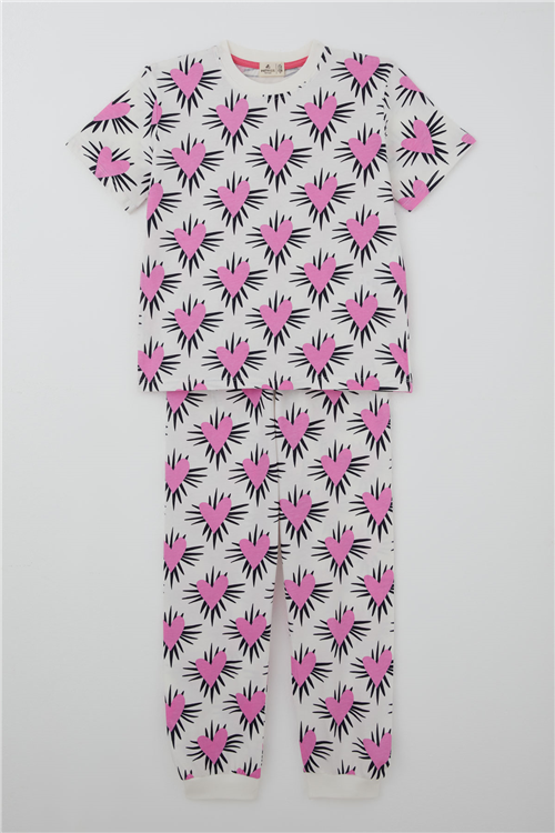 Paty Kıds Kız Çocuk Pijama Takımı Kısa Kollu Kalp Desenli Ekru (8-12 Yaş)