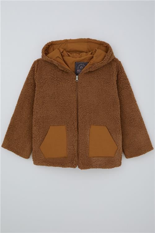 Reycan Kız Çocuk Peluş Mont Kapüşonlu Fermuarlı Kahverengi (5-8 Yaş)