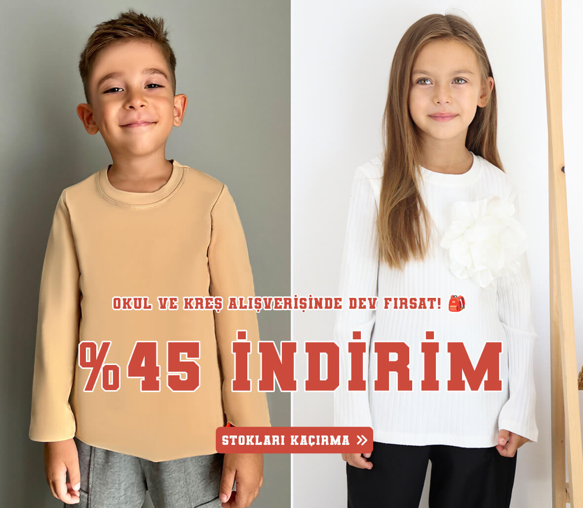 Okula Dönüş kıyafetlerini Outlet kategorimizden %45'e varan indirimlerle satın al!