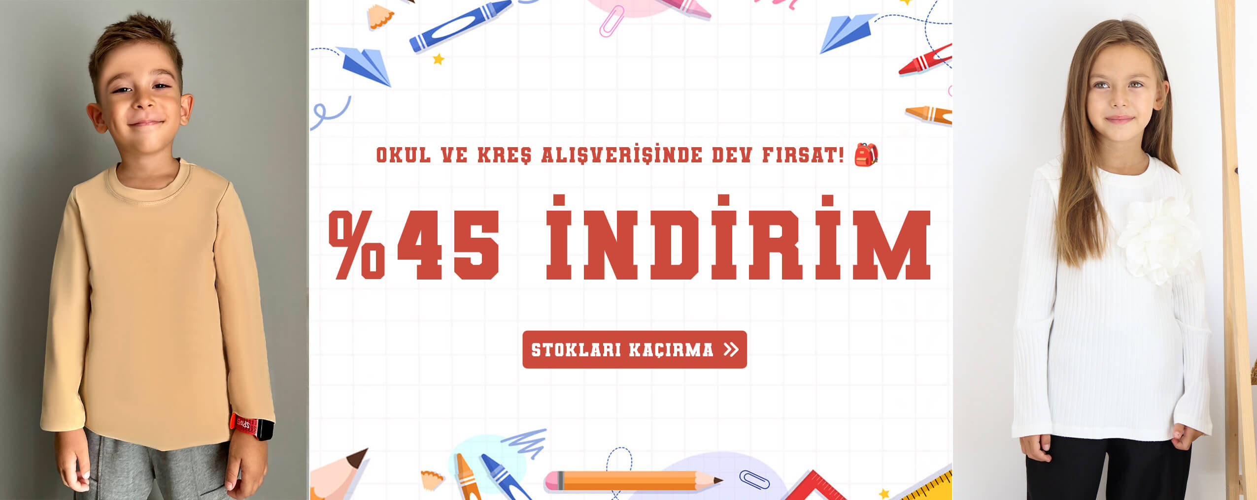 Okula Dönüş kıyafetlerini Outlet kategorimizden %45'e varan indirimlerle satın al!