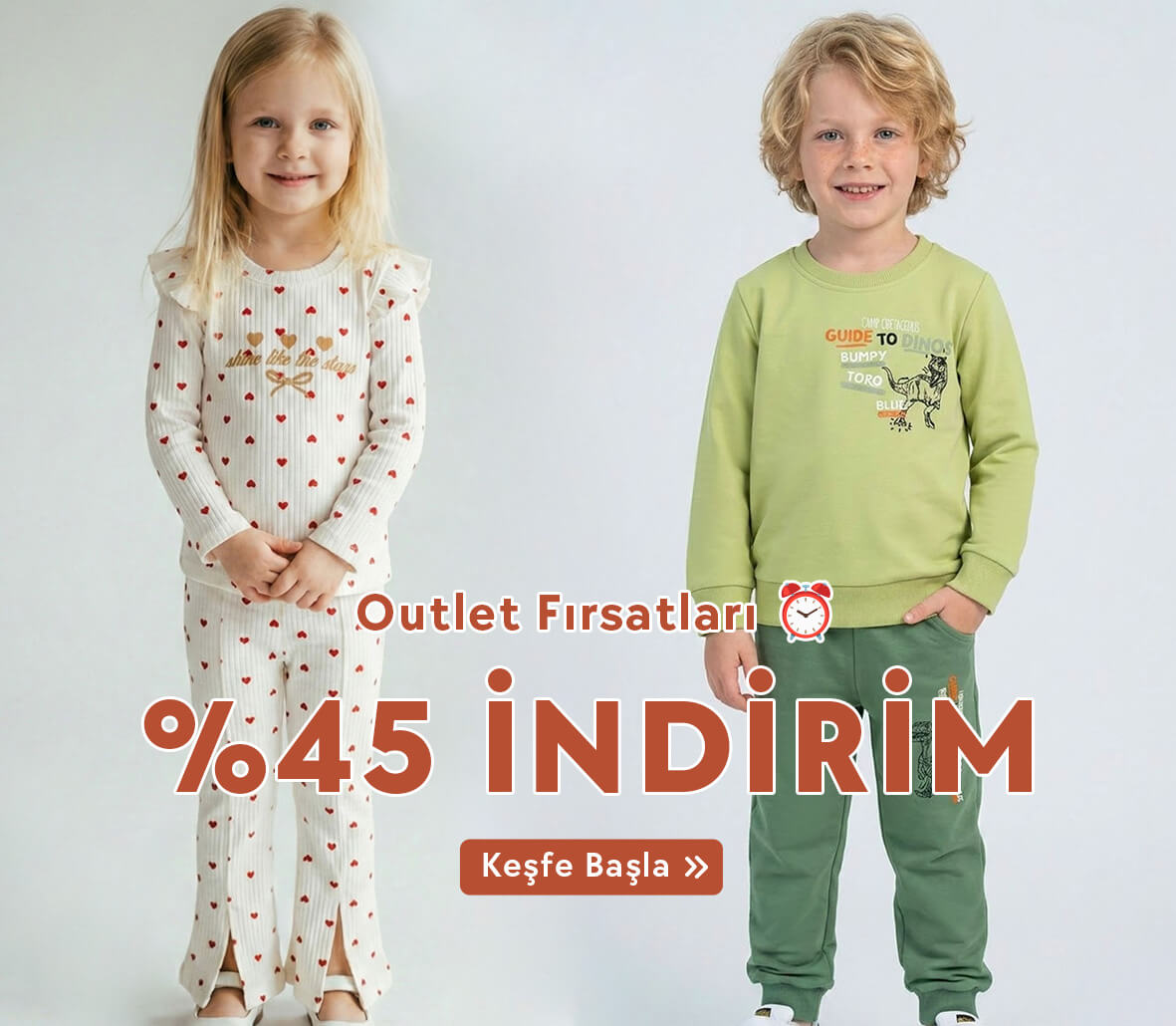 Bahar İndirim Kampanyası ile Breeze'de Outlet kategorisinde monttan, sweate, kışlık takımdan, yenidoğan kıyafetlerinde %45 indirim fırsatını sınırlı stoklarla kaçırma!