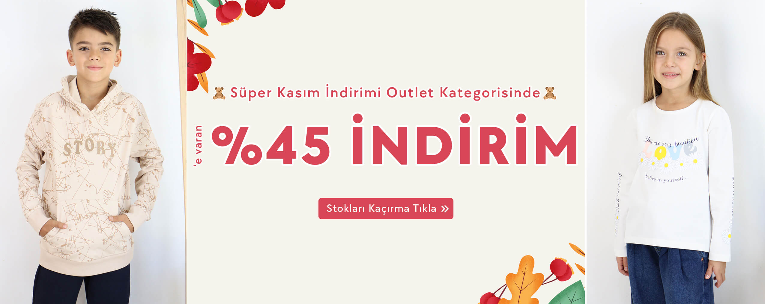 Baharlık outlet kategorisinde ki 0-16 yaş çocuk ve bebek giysilerinde %45,%40 ve %30'a varan indirimleri modelleri sınırlı stoklarla kaçırma!