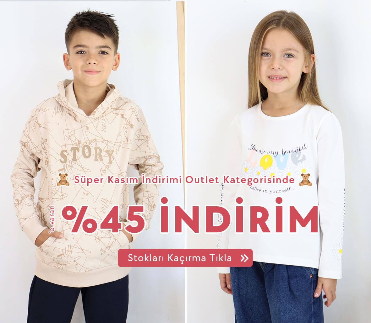 Baharlık outlet kategorisinde ki 0-16 yaş çocuk ve bebek giysilerinde %45,%40 ve %30'a varan indirimleri modelleri sınırlı stoklarla kaçırma!