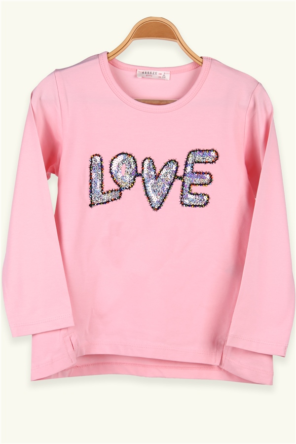 Kız Çocuk Uzun Kollu Tişört Love Pul İşlemeli Pembe 4 Yaş