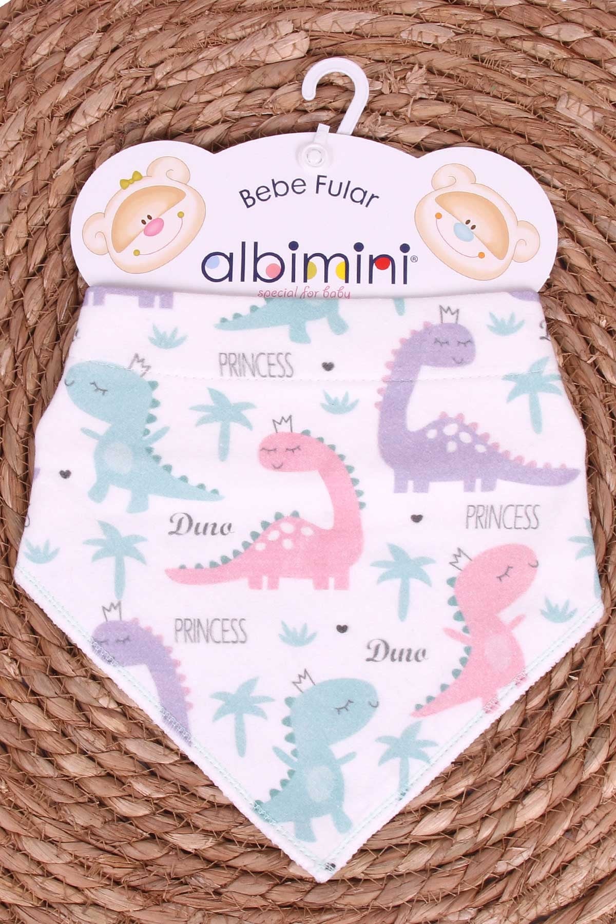 ALBİMİNİ Kız Bebek Fular Önlük Dinozor Desenli Ekru