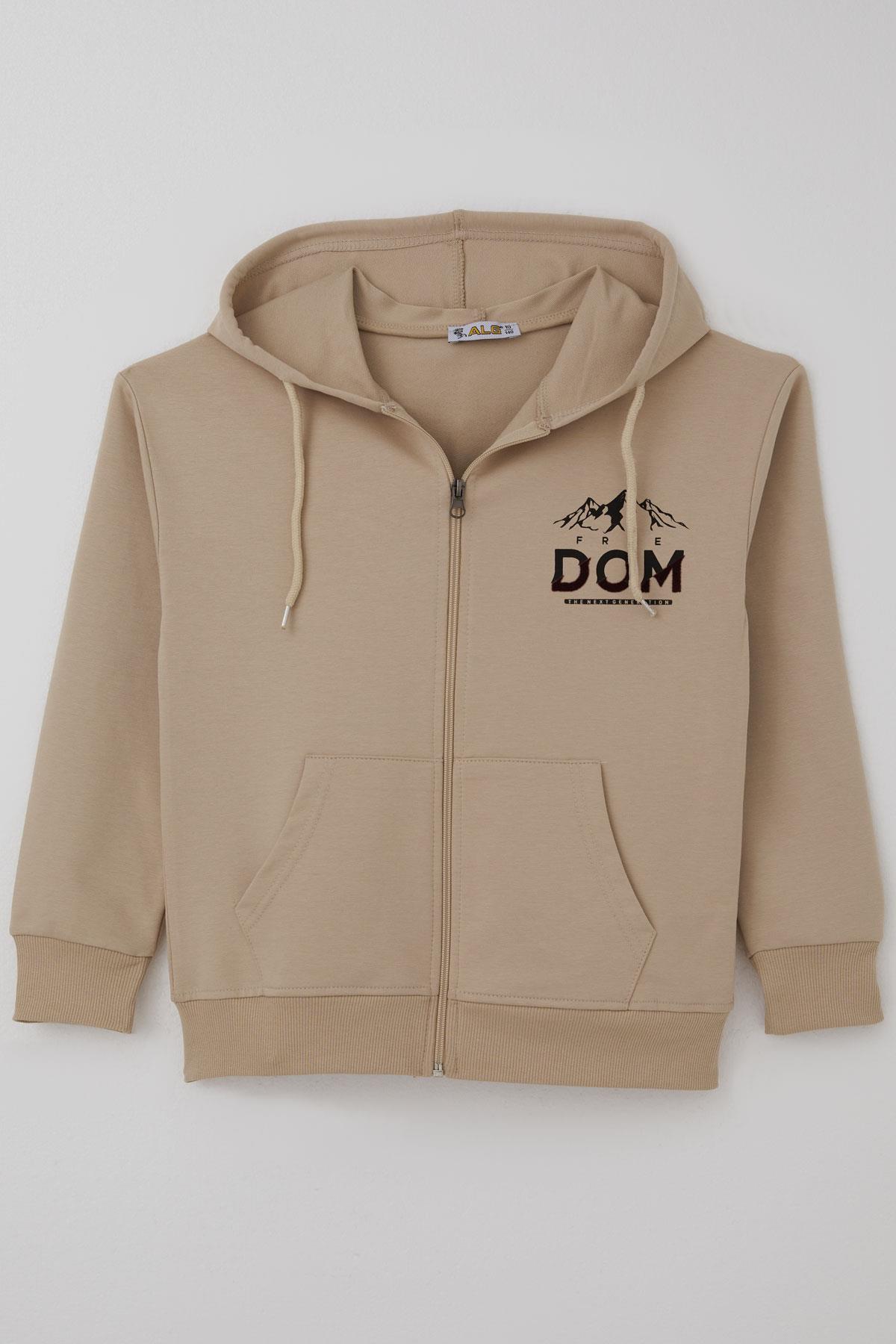 Alg Erkek Çocuk Hırka Fermuarlı Motivasyon Temalı Sırt Kısmı Baskılı Bej (10-13 Yaş)
