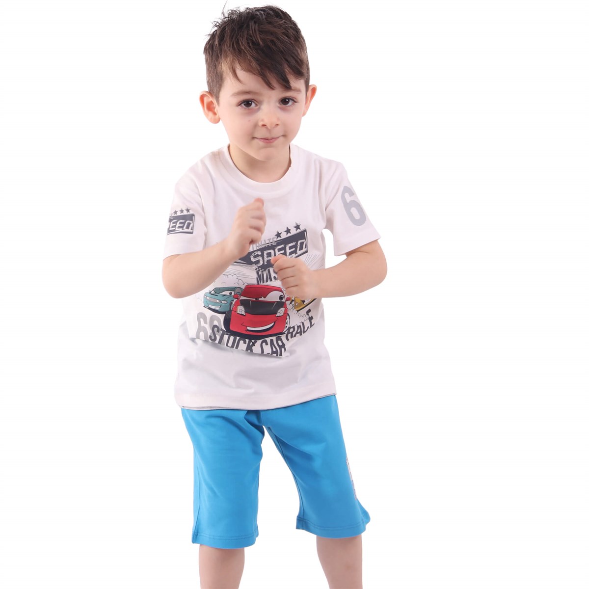 Erkek Bebek Şort Takım Arabalı Beyaz (1.5-2 Yaş)