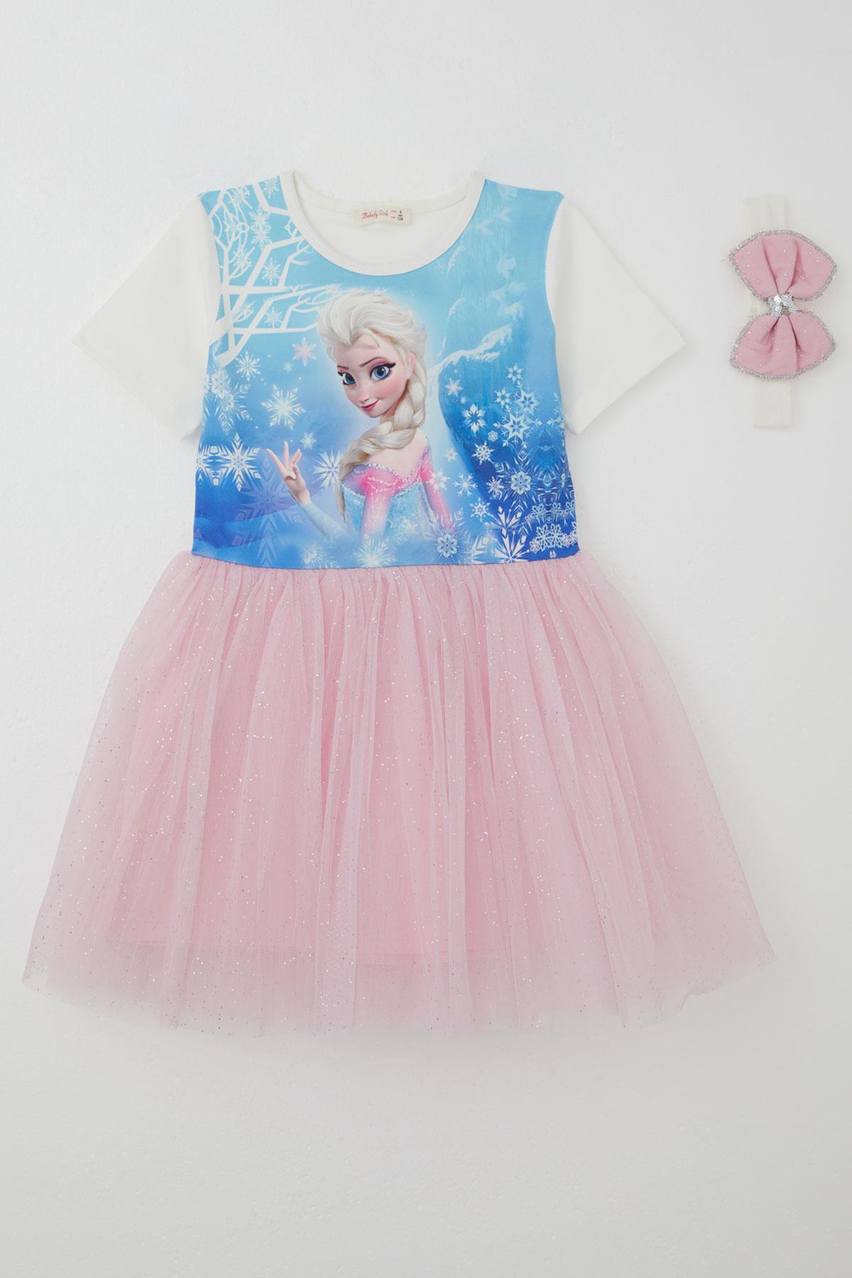 Babely Kız Çocuk Elbise Karlar Kraliçesi Elsa Baskılı Mavi (5-10 Yaş)