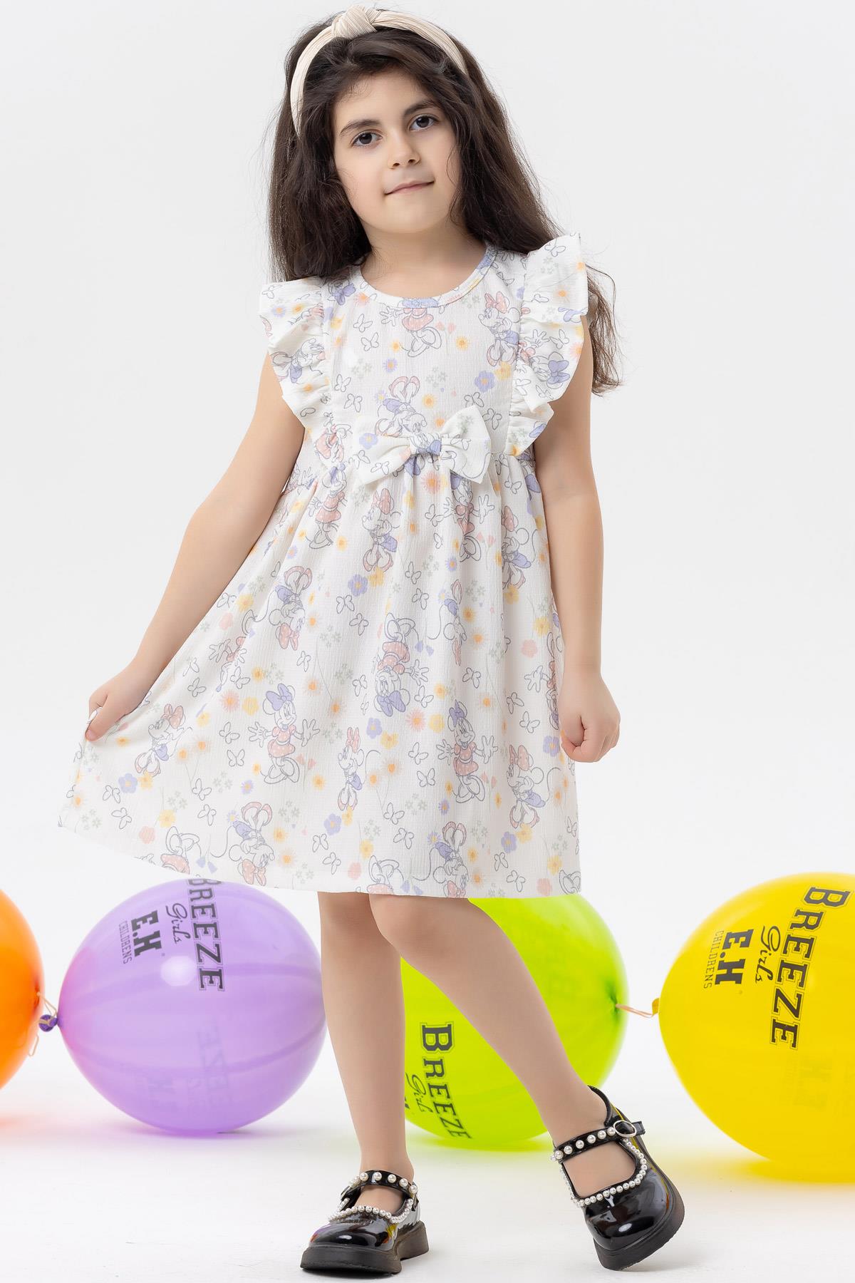 BABELY Kız Çocuk Elbise Minnie Mouse Desenli Fiyonklu Ekru (2-6 Yaş)