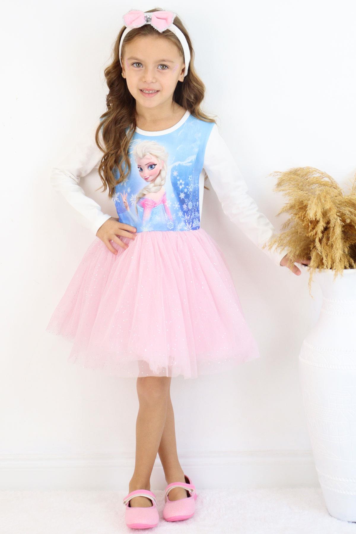 Babely Kız Çocuk Uzun Kollu Elbise Karlar Kraliçesi Elsa Mavi (5-10 Yaş)