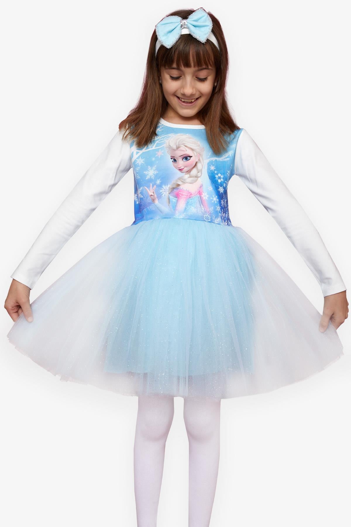 BABELY Kız Çocuk Uzun Kollu Elbise Karlar Kraliçesi Elsa Mavi (6-10 Yaş)
