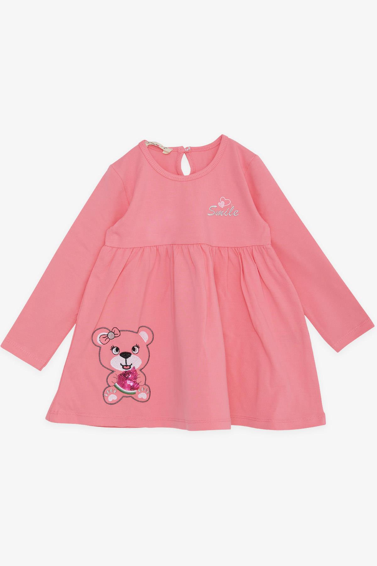 BARMY Kız Bebek Uzun Kollu Elbise Sevimli Ayıcık Nakışlı Pembe (9 Ay-3 Yaş)