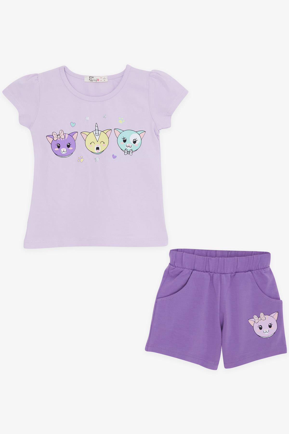 BARMY Kız Çocuk Şortlu Takım Kedicik Baskılı Lila (2-6 Yaş)